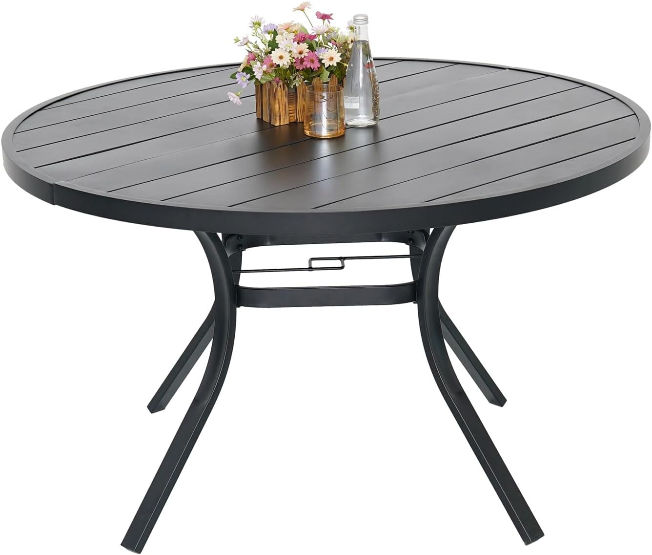 Round Outdoor Dining Table, 48-inch All-Weather Patio Table with Adjustable Umbrella Hole for Deck Lawn Garden Backyard Balcony Deck, Black Metal Frame Slatted Tabletop