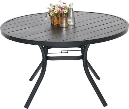 Round Outdoor Dining Table, 48-inch All-Weather Patio Table with Adjustable Umbrella Hole for Deck Lawn Garden Backyard Balcony Deck, Black Metal Frame Slatted Tabletop