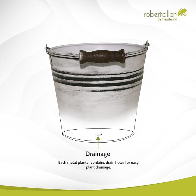 Headwind Vintage Collection - 6 Inch Rustic White Banded Planter with Handles – Galvanized Bucket Planter - Decorative Small Planters for Indoor Plants & Outdoor Use by Robert Allen