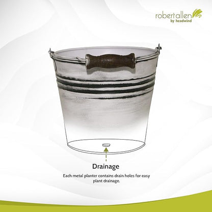 Headwind Vintage Collection - 6 Inch Rustic White Banded Planter with Handles – Galvanized Bucket Planter - Decorative Small Planters for Indoor Plants & Outdoor Use by Robert Allen