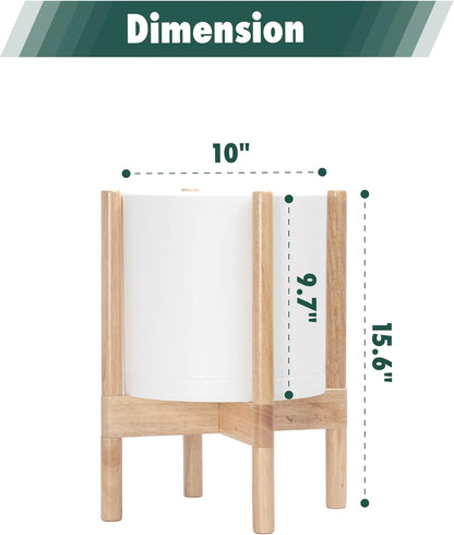 D'vine Dev Planter Pot with Stand - 10 Inch Plastic Cylinder Flower Pot with Wood Planter Holder for Indoor, Matte White Pot + Natural Stand, 55-C-M-1