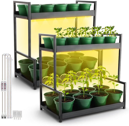 2-Pack Dual Tier Plant Stand with Grow Light and Green Plastic Nursery Pots for Plants, Indoor Gardening Kit for Herbs, Succulents, Seedlings & Small Plants Gardening Gifts
