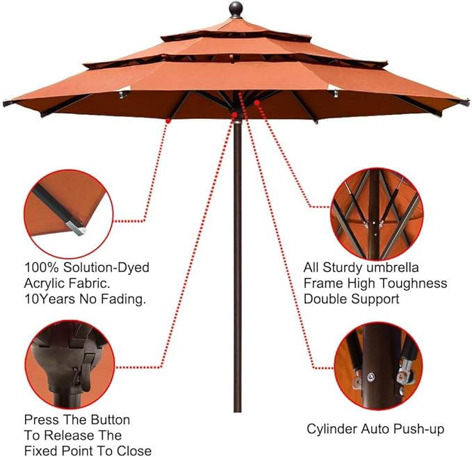 EliteShade USA 10-Year-Non-Fading 11Ft 3 Tiers Market Umbrella Patio Outdoor Cylinder Auto Push-up Table Umbrella with Ventilation, Rust