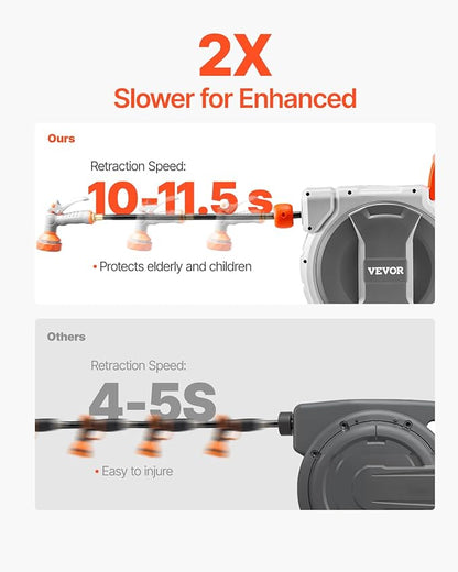 VEVOR Retractable Garden Hose Reel, 5/8 Inch x 100 ft Wall Mounted Hose Reel, Heavy Duty Garden Hose Reel with 9 Patterns Nozzle, Any Length Lock, Upgraded Slow Return System and 180°Swivel Bracket