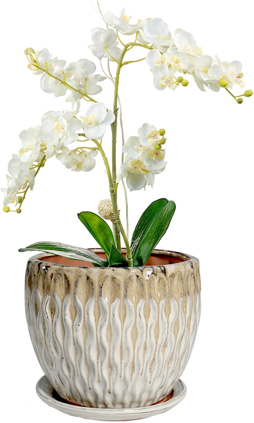 vensovo 7.5 Inch Ceramic Plant Pot with Drainage Holes and Saucer - Large Round Orchid Pot for Indoor Repotting, Ceramic Planter Maintain Air Circulation, Yellow