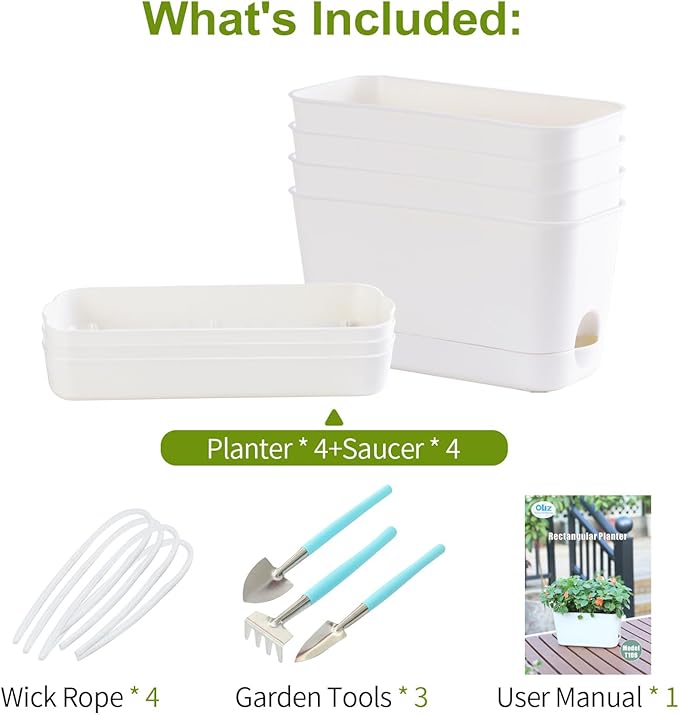 10 Inch Self Watering Planters for Indoor Plants: 4 Packs Rectangular Plant Pots with with Drainage and Tray, Window Pot Self Watering Planter for Herb, Houseplants