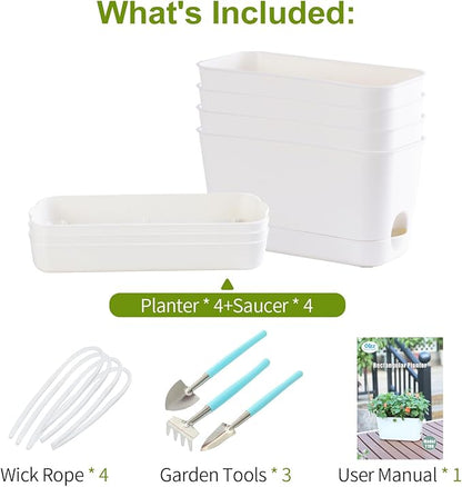 10 Inch Self Watering Planters for Indoor Plants: 4 Packs Rectangular Plant Pots with with Drainage and Tray, Window Pot Self Watering Planter for Herb, Houseplants