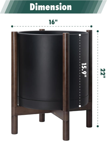 D'vine Dev Planter Pot with Stand - 16 Inch Plastic Cylinder Flower Pot with Wood Planter Holder for Indoor, Matte Black Pot + Walnut Color Stand, 55-C-X-2