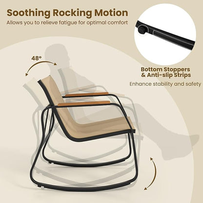 Tangkula 3 Piece Rocking Bistro Set Outdoor, Patio Rocking Chairs & Side Table with Storage Basket, Wood-Like Armrests & Metal Frame, Patio Furniture Set for Porch, Backyard, Lawn & Poolside