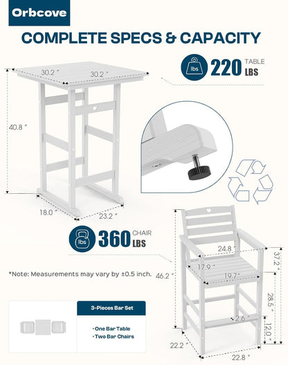 3-Piece HDPE Outdoor Bar, Outdoor Bar Stools and Outdoor Bar Table with Heart Cutout Design, All Weather Bistro Set Outdoor for Patio, Porch, Pool (White)