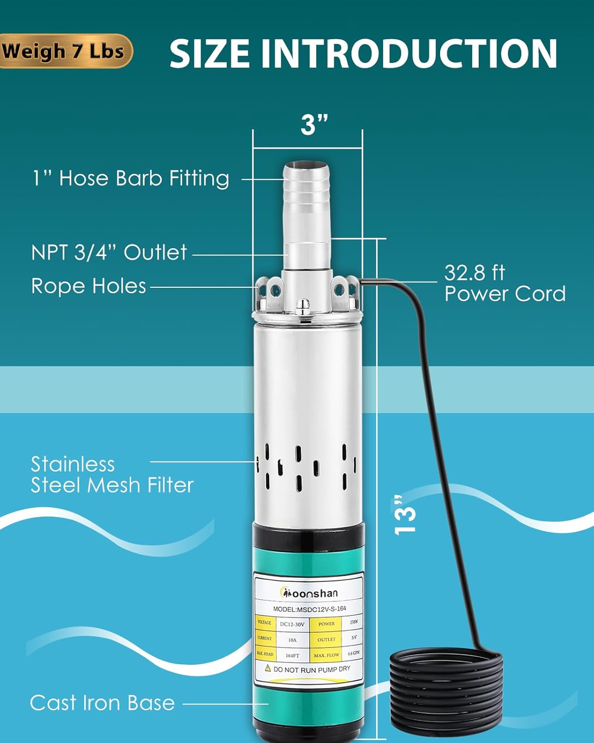 24V DC Deep Well Pump Solar Submersible Water Pump, Max Head 164 FT, Max Flow Rate 6.6 GPM, Stainless Steel Screw Pump for Well, Livestock, Water Reservoir