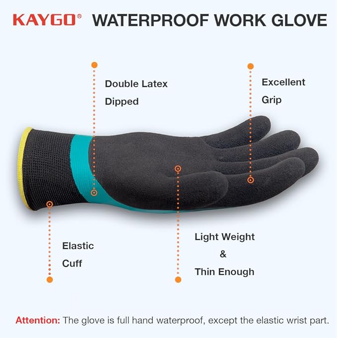 KAYGO Waterproof Work Gloves for Men and Women, Rubber Coated Non-slip Working Gloves for Garden, Outdoor Construction,3 pairs,Blue,M