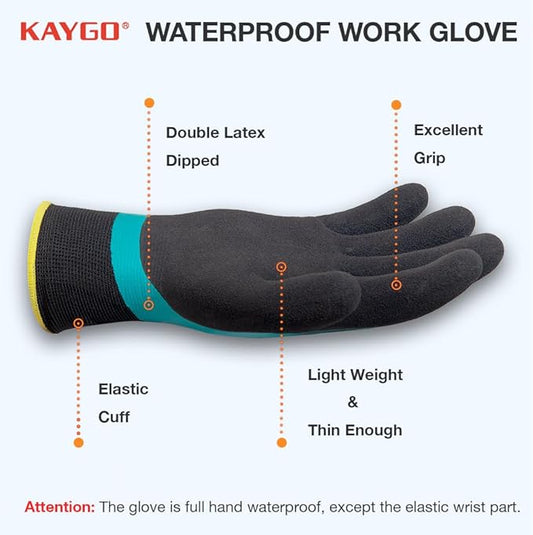 KAYGO Waterproof Work Gloves for Men and Women, Rubber Coated Non-slip Working Gloves for Garden, Outdoor Construction,KG150,Blue,S