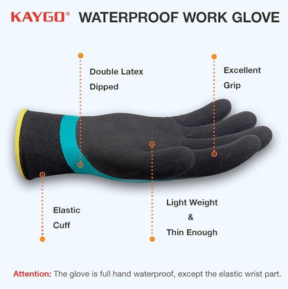KAYGO Waterproof Work Gloves for Men and Women, Rubber Coated Non-slip Working Gloves for Garden, Outdoor Construction,3 pairs,Blue,L