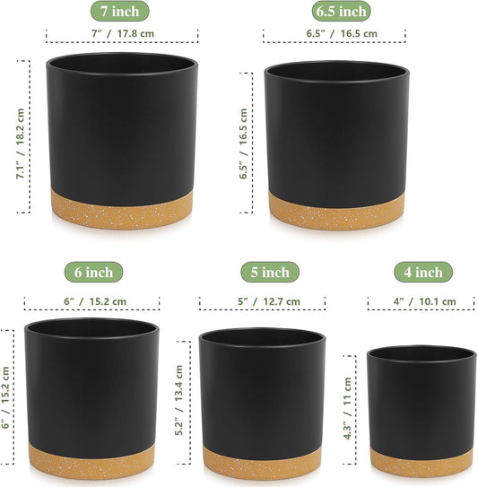 5 Pack Cylindrical Flower Pots with 7/6.5/6/5/4 inch, Modern Small Plastic Plant Pots with Drainage Holes & Saucers, Round Planter Pots for Outdoor, Indoor & Office Decor (Black Brown)