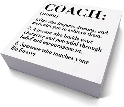HTBIG Rustic White Wooden Coach Definition Sign, 5.1 x 5.1 Inches, Perfect for Home Office, Bedroom, Classroom, Cubicle, Counseling Desk, Shelf, Table Decoration