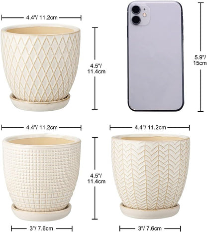 Oairse 4 inches Ceramic Planter Pots 3 Set of Small Round Flower Pots with Drainage Hole and Ceramic Tray for Succulents Cactus Indoor Outdoor Garden Home Windowsill