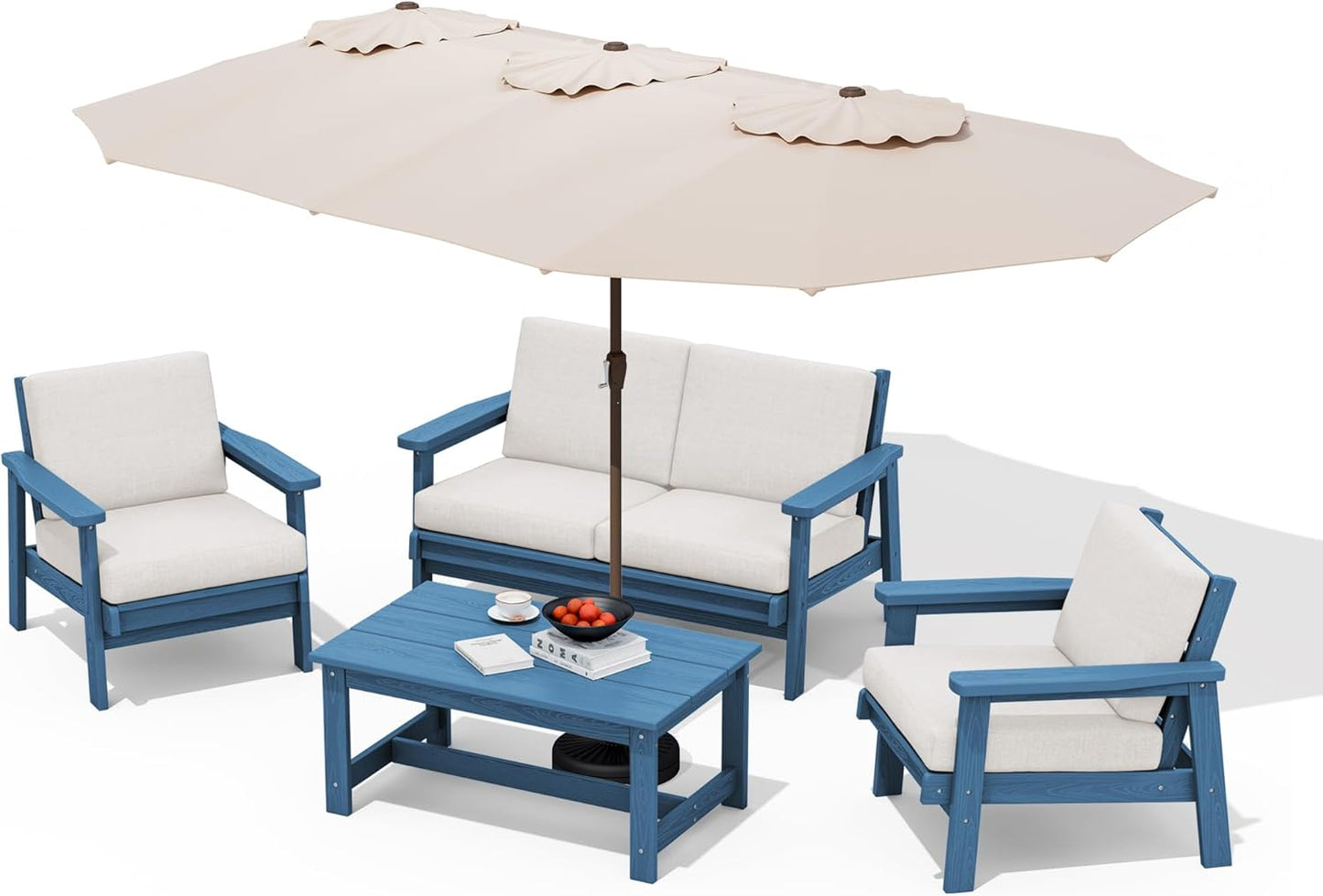 SERWALL HDPE Patio Furniture Set with 15FT Double Side Patio Umbrella, All Weather Wood-Like Outdoor Sofa Sectional Couch, Blue Patio Furniture with Khaki Cushions