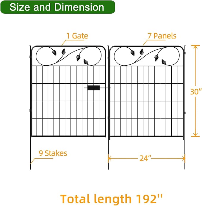 Decorative Metal Garden Fence 30in(H) X16ft(L) 1 gate+7 Panels Temporary Dog Fence Border for Landscape Patio Outdoor with gate, No dig Garden Fencing Gates for Yard