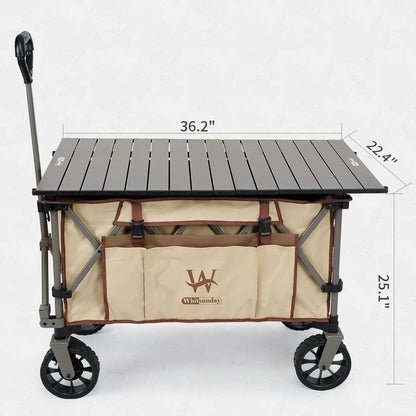 Whitsunday Folding Collapsible Wagon Cart, Beach Heavy Duty Wagon with Table,Utility Grocery Cart for Camping Sports Outdoor Shopping Park Khaki