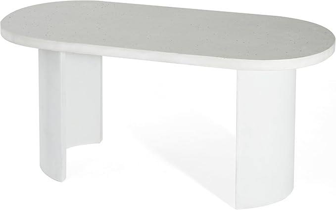 Christopher Knight Home Zigg Durable Concrete Outdoor Dining Set with Stylish Terrazzo Finish, Patio Dining Table with Bench, Oval Outdoor Patio Furniture Set with Pedestal Base, White