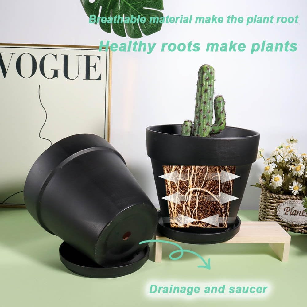 vensovo 6 Inch Black Terracotta & Clay Pots for Plant with Saucer - 4 Pack Medium Terra Cotta Planter with Drainage Hole, Flowerpot for Indoor Outdoor Plants, Crafts, Wedding Favor