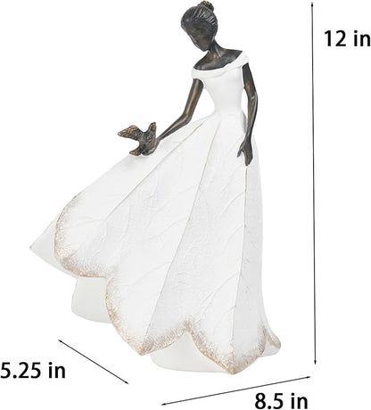 Guichifun Fairy Statue Collection Home Decoration - White Leaf Angel Girls with Bird Resin Home Decor for Outdoor or Indoor Outdoor Yard Decorations Figurines Retirement Gift 8.5 x 5.25 x 12 Inch