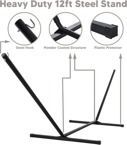 SUNCREAT Hammock with Stand 2 Person Heavy Duty, Freestanding Hammock with Spreader Bar, Soft Pillow, Gray Stripes