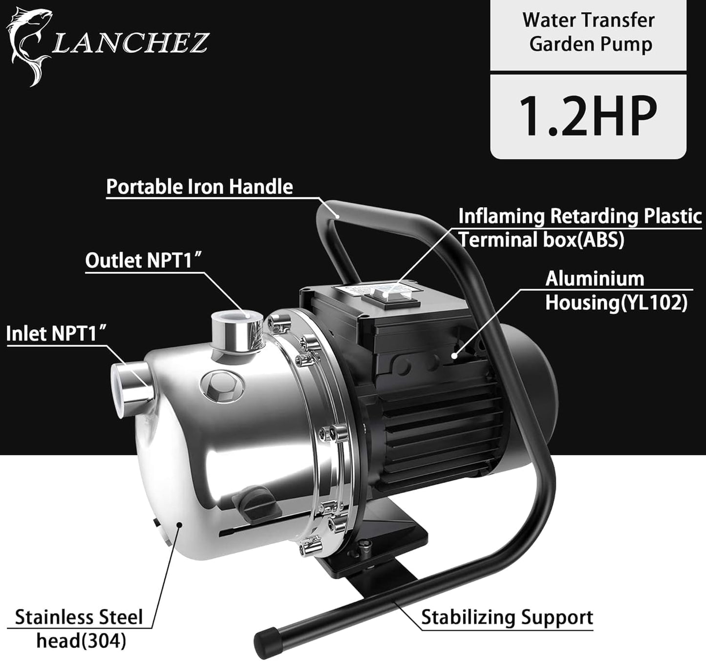 LANCHEZ 1.2 HP Portable Shallow Well Garden Pump, 1828 GPH Stainless Steel Sprinkler Pump, 115V Water Transfer Draining Irrigation for Lawn
