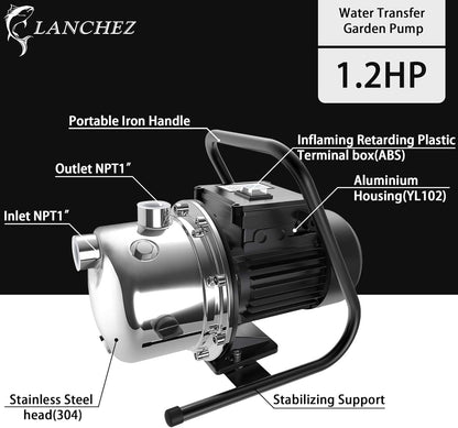 LANCHEZ 1.2 HP Portable Shallow Well Garden Pump, 1828 GPH Stainless Steel Sprinkler Pump, 115V Water Transfer Draining Irrigation for Lawn