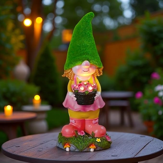 Garden Solar Resin Gnome Girl Statue with Solar Powered Night Light for Porch, Patio and Indoor Decoration