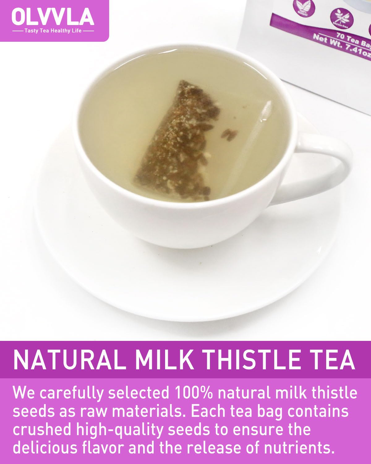 Olvvla - Premium Milk Thistle Tea Bags - 3g X 70 Count - 100% Pure Natural Milk Thistle Seed Herbal Tea - Caffeine-free - Non-GMO