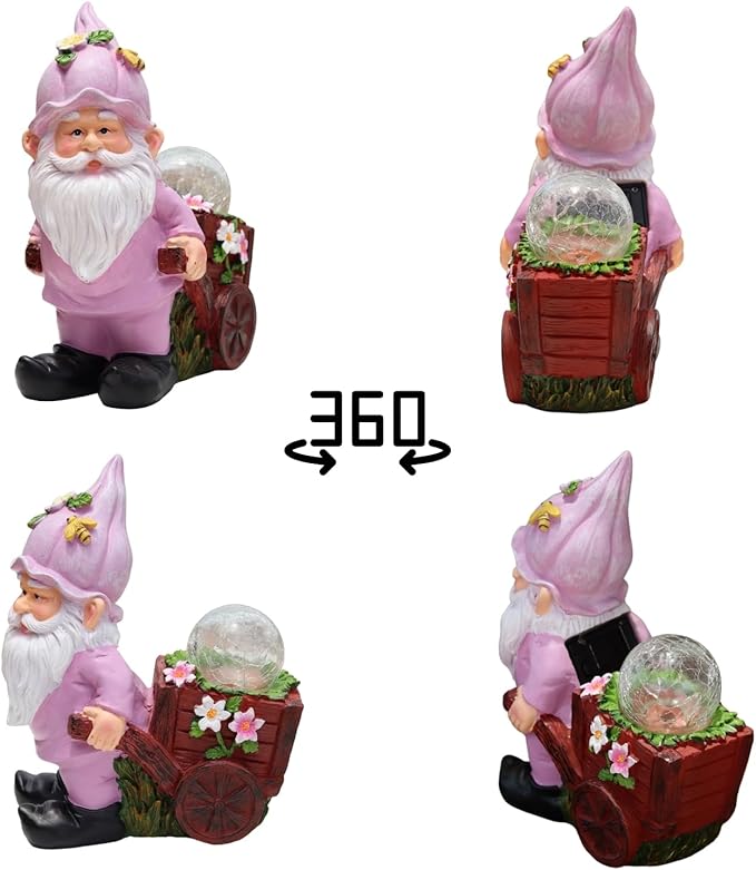 Solar Garden Gnome Statue with Crackle Glass Globe Lights, Waterproof Outdoor Decor for Patio, Lawn, or Yard, Whimsical Housewarming Gift(Pink Gnomes)