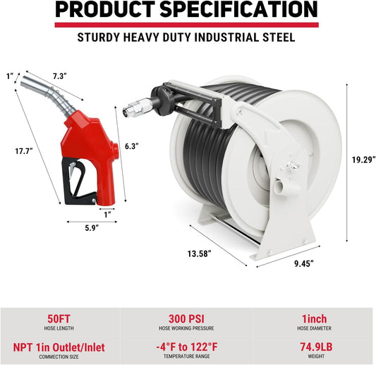 Diesel Fuel Hose Reel 1" x 50FT 300PSI Retractable Fuel Hose Reel Heavy-Duty Steel Ratchet Spring Driven Professional Diesel Hose Reel Auto Swivel Rewind with Fuel Nozzle for Vehicle Tank Truck Ship