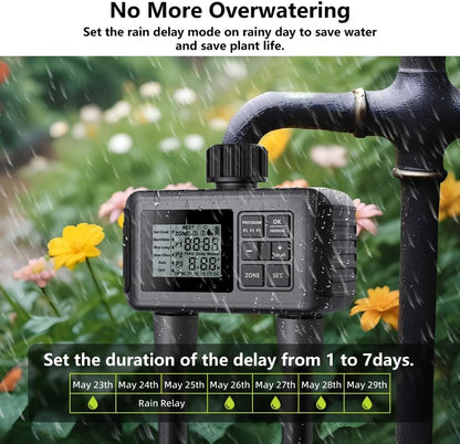 Uzoli SGW07 Sprinkler Timer, Programmable Water Timer for Garden Hose with 2 Outlets, Rain Delay, Manual, IP55 Waterproof Auto Drip Irrigation for Yard, Lawn, Pool