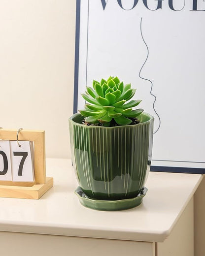 ADN Ceramic Planter - Large Plant Pot Geometric Design Flower Pot with Drainage Hole and Saucer for Outdoor Indoor Plants (Green, 6 in)
