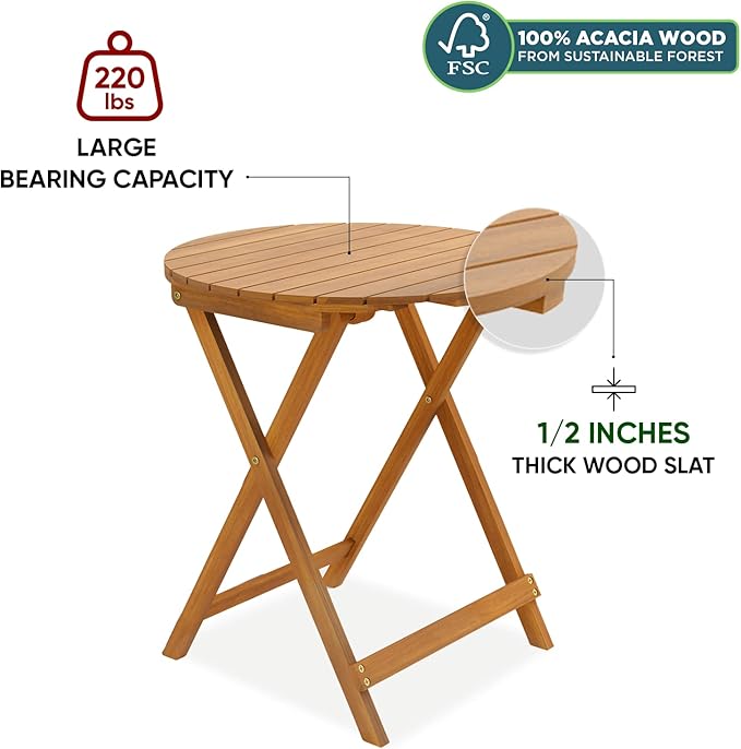 IDZO Heavy Duty 400lbs Capacity Patio Bistro Sets, 3 Piece Outdoor Folding Chairs with Cushions and Round Table, FSC-Certified Acacia Wood, Space-Saving Design for Balcony, Garden and Porch