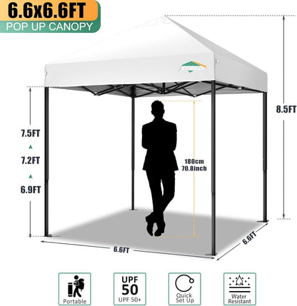 COBIZI 6.6x6.6ft Pop Up Canopy Tent, Heavy Duty Canopy Easy Set up All Weather Waterproof Outdoor Canopy Tent for Parties, Beach, Garden, Camping with 1 Handbag, 3 Adjustable Heights, UPF50+, White