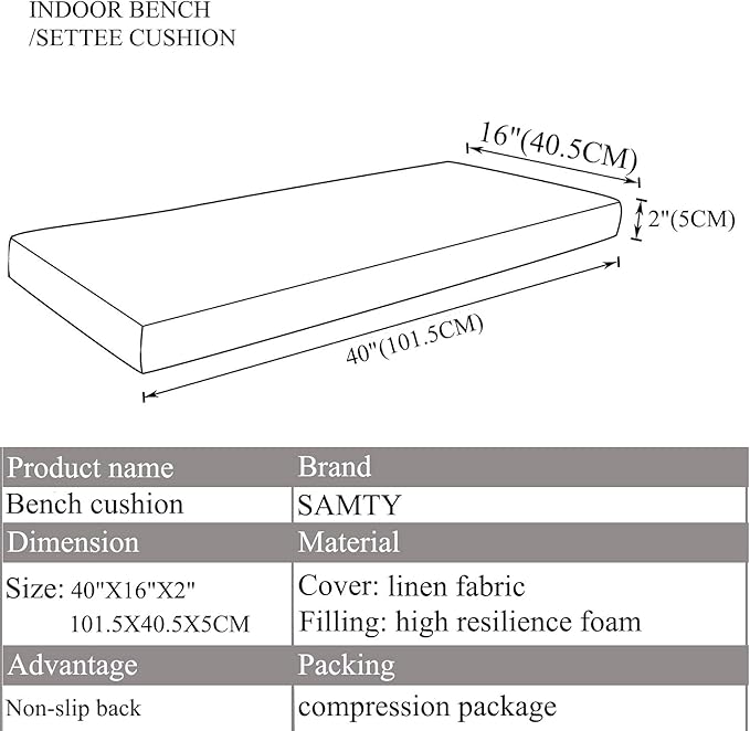 Bench Seat Memory Foam Chair Pads Non-Slip Rubber Back Indoor Swing/Settee Cushion 40 x 16 inch, Blue