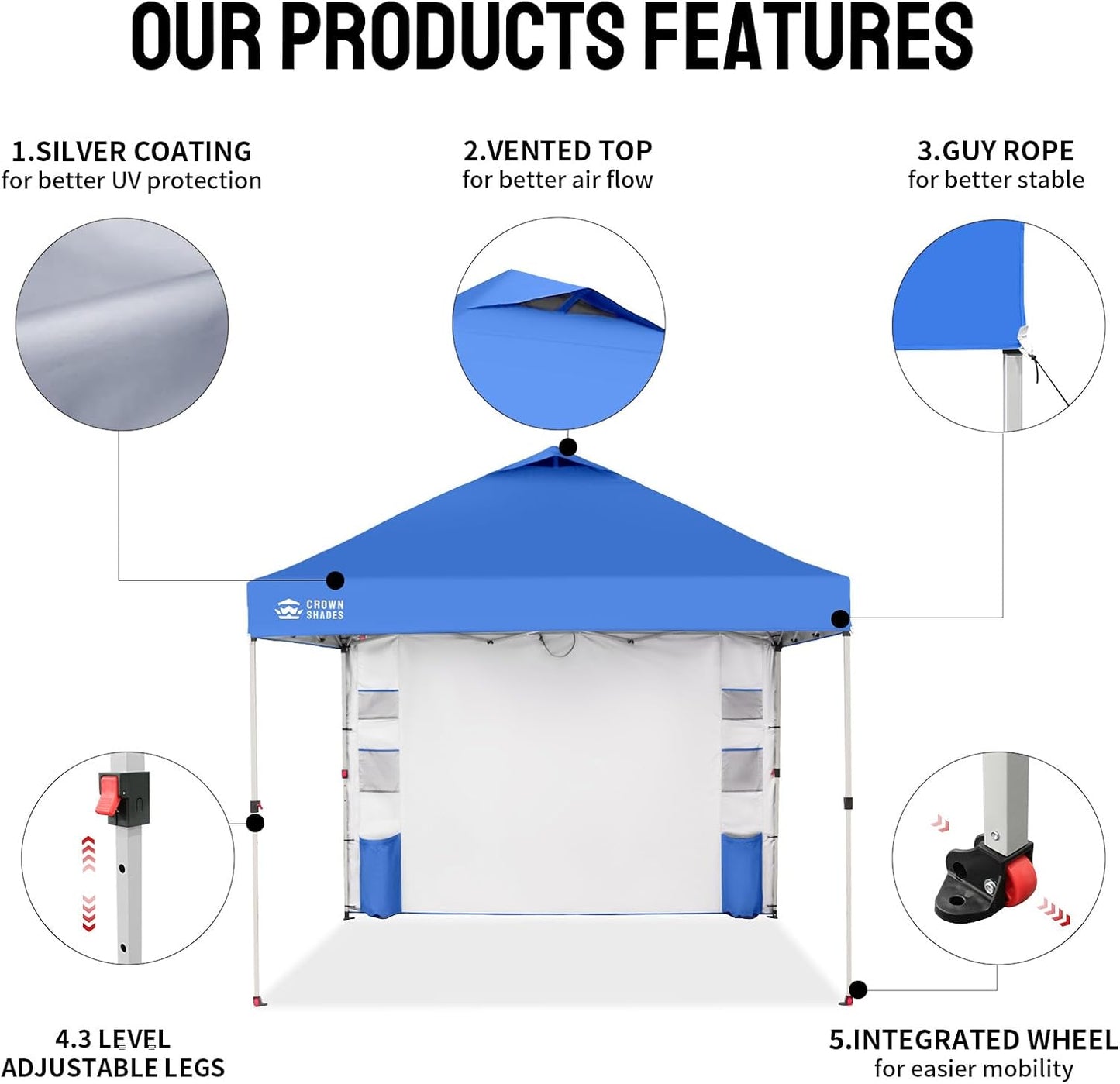 CROWN SHADES Canopy Tent, 10 x 10 Foot Portable Pop Up Outdoor Shelter with Pocket Sidewall, Push Center Lock, UV Protection, and Carry Bag, Blue