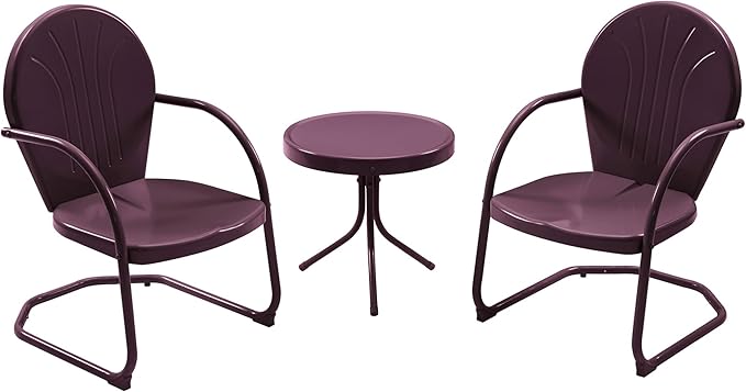 Patio Bistro Set Retro Metal Outdoor Seating Conversation 3 Pieces, 2 C-Spring Motion Armchairs and Round Side Table, for Porch, Lawn, Garden, Purple