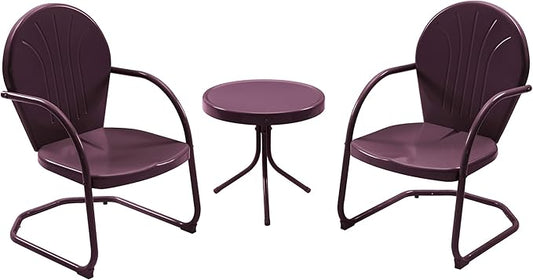 Patio Bistro Set Retro Metal Outdoor Seating Conversation 3 Pieces, 2 C-Spring Motion Armchairs and Round Side Table, for Porch, Lawn, Garden, Purple