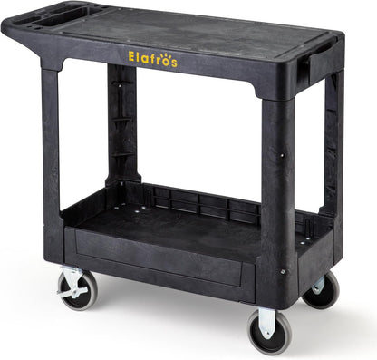 ELAFROS Heavy Duty Plastic Utility Cart Flat top 37 x 18.8 Inch - Work Cart Flat Shelves and 2 Fixed 2 Swivel Wheels Safely Holds up to 550 lbs - 2 Tier Service Cart for Warehouse,Garage, Black