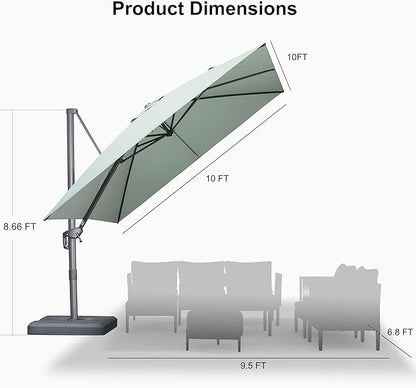 PURPLE LEAF 10 FT Cantilever Patio Umbrella Outdoor Aluminum Offset Square Umbrella with 3 Years Fade Resistance Recycled Fabric and 360-degree Rotation for Deck Pool Garden, Mint Green