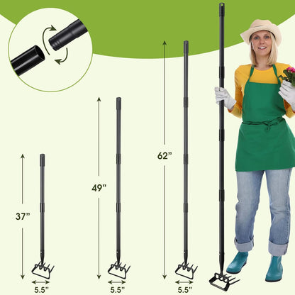 INFLATION Stirrup Hand Hula Hoe Heavy Duty Metal Gardening Weed Puller Tool 4 Tines Prong 2-in-1 Herb Stripper Yard Rake for Women Kids Men Garden Grandpas Weeder 32-62 inch Long Adjustable Handle