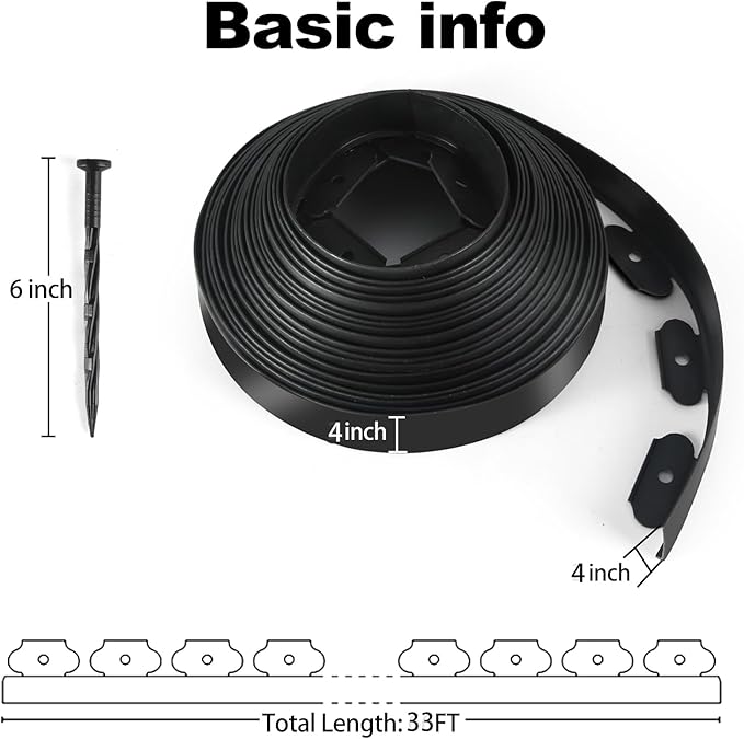 LINSHRY 33 FT Landscape Edging, 4 Inch Tall Garden Edging Border No Dig with 40 Spikes, Flexible Plastic Lawn Edging for Landscaping Flower Bed Yard