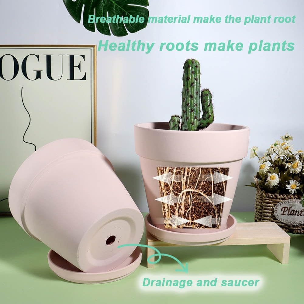 vensovo 6 Inch Pink Terracotta & Clay Pots for Plant with Saucer - 4 Pack Medium Terra Cotta Planter with Drainage Hole, Flowerpot for Indoor Outdoor Plants, Crafts, Wedding Favor