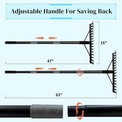 Heavy Duty Bow Rake with Stainless Steel Handle for Farming Land Management Leaf Gathering Durable Ergonomic Garden Tool with 16 Tine Head 63 Inch Assemble Long Shaft Suitable for Large Areas