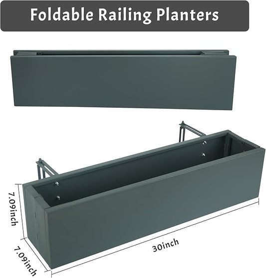 Metal Railing Planter Box, 30 Inch Balcony Planters with Adjustable Brackets, Large Hanging Planters for Outdoor Fence Deck