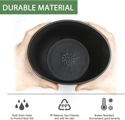 7 Inch Plant Pots Bulk, 6 Pack Plastic Planters with Drainage Holes and Saucers for Indoor Outdoor House Plants and Flowers, Black